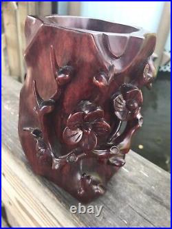 Vintage Early Mid 1900's Carved Rose Wood Solid 1 Piece Ornate Vase