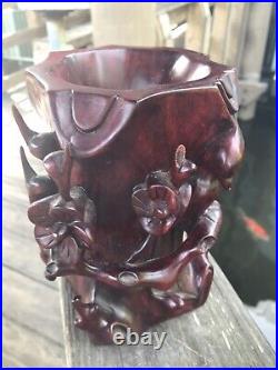 Vintage Early Mid 1900's Carved Rose Wood Solid 1 Piece Ornate Vase