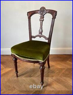Vintage Edwardian Velvet Wood Chair Carved Green Upholstered Antique Dining Work