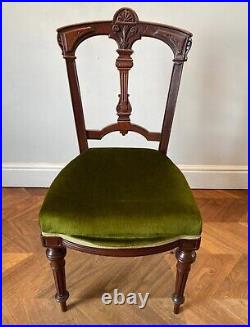 Vintage Edwardian Velvet Wood Chair Carved Green Upholstered Antique Dining Work