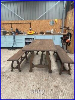 Vintage Farmhouse Antique Large Wooden Dining Table and Benches, 6/8 Seater