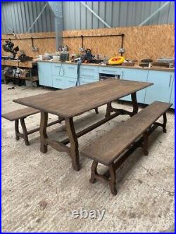Vintage Farmhouse Antique Large Wooden Dining Table and Benches, 6/8 Seater
