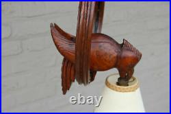 Vintage French Black forest wood carved bird pendant chandelier lamp