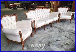 Vintage French Carved Wood Frame 3 Seat Button Back White Leather Sofa Armchairs