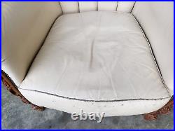 Vintage French Carved Wood Frame 3 Seat Button Back White Leather Sofa Armchairs
