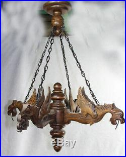 Vintage French Castle gothic 4 Dragon arms Wood carved chandelier pendant