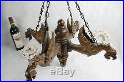 Vintage French Castle gothic 4 Dragon arms Wood carved chandelier pendant