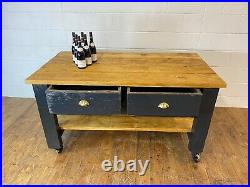 Vintage French Shop Counter Kitchen Island With Castor Wheels Plank Top Table