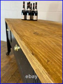 Vintage French Shop Counter Kitchen Island With Castor Wheels Plank Top Table