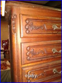 Vintage French prettily carved oak Louis XV, narrow 5 door chest of drawers