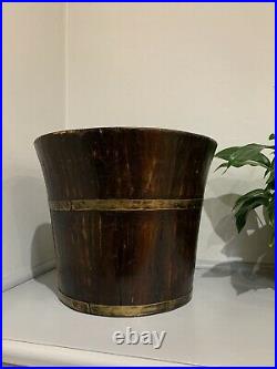 Vintage Georgian Dark Wood and Brass Banded Collar Bucket Cachepot