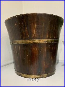 Vintage Georgian Dark Wood and Brass Banded Collar Bucket Cachepot