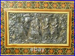 Vintage Islamic Persian Wood Box Micro Mosaic & Repousse Metal Panel DEITIES