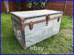 Vintage Large Travel Chest Trunk Metal Wood Antique Flight Storage Steamer