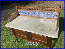 Vintage Mahogany Marble & Tile Top Turned Legs Wash Stand Sideboard Casters