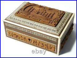 Vintage Micro Mosaic + Carved Wood Taj Mahal Pictorial Lid Trinket Box + Key