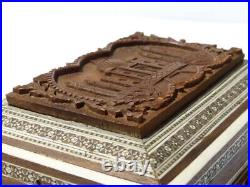 Vintage Micro Mosaic + Carved Wood Taj Mahal Pictorial Lid Trinket Box + Key