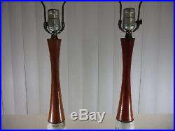 Vintage Mid Century Danish Modern Teak Wood & Ceramic Table Lamps 38 Tall SET