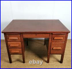 Vintage Mid Century Oak School Teachers Office Twin Pedestal Small 4ft Desk
