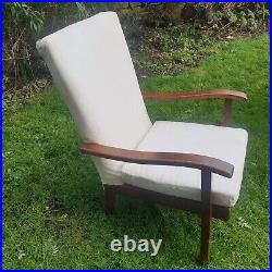 Vintage Mid Century Wooden Upholstered Fireside Chair Antique Sprung