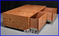 Vintage Milo Baughman Burl Table with Two Drawers and Original Lucite Pulls
