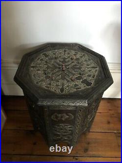 Vintage Morrocan Wood & Brass Octagonal Hand Carved Coffee Table