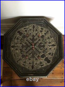 Vintage Morrocan Wood & Brass Octagonal Hand Carved Coffee Table