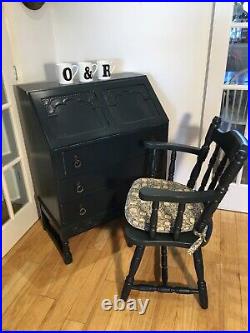 Vintage Oak Writing Bureau 3 Drawers Painted FarrowAndBall Black Blue& Armchair