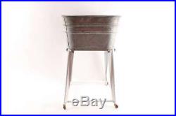 Vintage Old Galvanized Wash Tub On Stand With Wooden Wheels