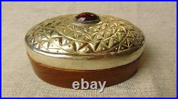 Vintage Oval Wood Box WIth Silver Lid With Amber Stone Embelishment