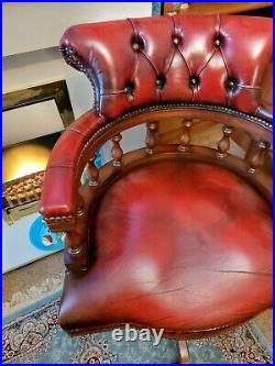 Vintage OxBlood Leather Chesterfield Captains Chair Medium Brown Wood Antique