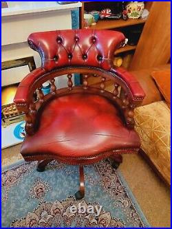Vintage OxBlood Leather Chesterfield Captains Chair Medium Brown Wood Antique