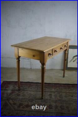 Vintage Pine Desk 3 Drawers Side Hall Console Table Turned Legs Antique Style