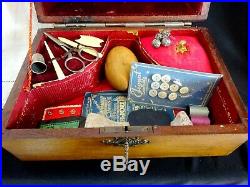 Vintage Sewing Box Case French Art Nouveau 16 Tools Pink Antique Sewing Notions