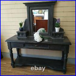 Vintage Solid Pine Grey Shabby Chic Hall Console Table + Mirror Grey Entryway