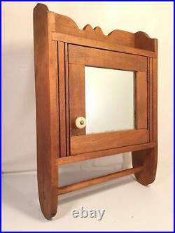 Vintage Solid Wood Antique Bathroom Cabinet Mirror Towel Bar Primitive Americana