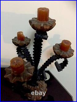 Vintage Spanish Carved Wood Wrought Iron Art Centrepiece Candlestick Candelabra