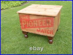 Vintage The Pioneer Match Wood Ad Box On Bun Feet. Great Storage / Coffee Table
