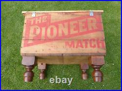 Vintage The Pioneer Match Wood Ad Box On Bun Feet. Great Storage / Coffee Table
