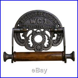Vintage Toilet Roll Holder Borough of London WC1 Antique Iron and Wood 6