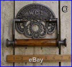 Vintage Toilet Roll Holder Borough of London WC1 Antique Iron and Wood 6