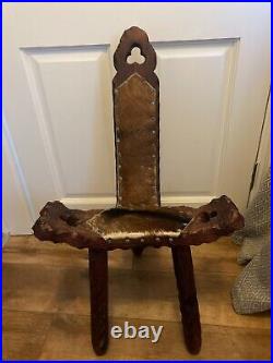Vintage Tripod Birthing Chair 3 Legged Stool Spanish Carved Wood Brown Brutalist