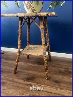 Vintage Victorian 2 Tier Bamboo Oriental Side Table Tiger Pattern Antique Tiki