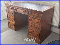 Vintage Walnut Pedestal Desk with Leather Top and Lockable Drawers