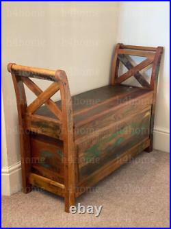 Vintage Wood Storage Bench Antique Style Hall Seat Retro Reclaimed Side Cabinet