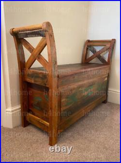 Vintage Wood Storage Bench Antique Style Hall Seat Retro Reclaimed Side Cabinet
