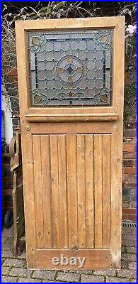 Vintage Wooden External Door With Leaded Stained Glass H79 x W32