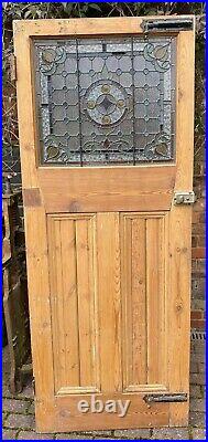 Vintage Wooden External Door With Leaded Stained Glass H79 x W32