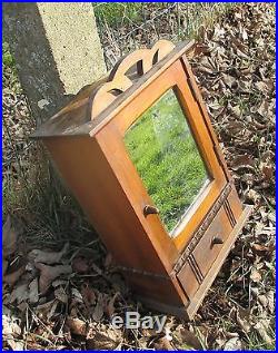 Vintage Wooden Medicine Apothecary Wall Cabinet Glass mirror Drawer Pediment