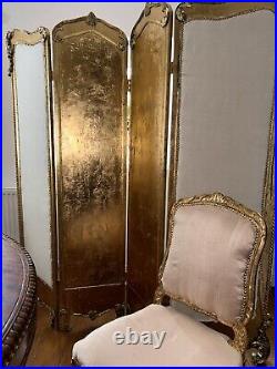 Vintage antique 6 ft screen room divider hand painted upholstered ivory silk